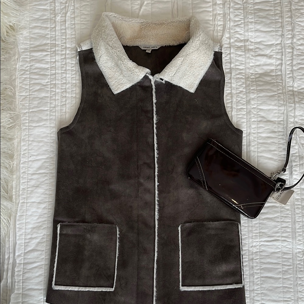 Grey faux Shearling Vest with White Trim